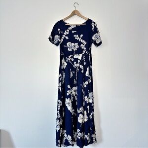 VTG Back East Blue Hawaiian Print Short Sleeve Maxi Dress Tie Waist Size M